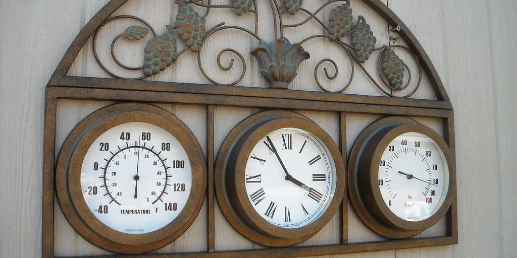 Alte Uhr mit Thermometer an der Wand